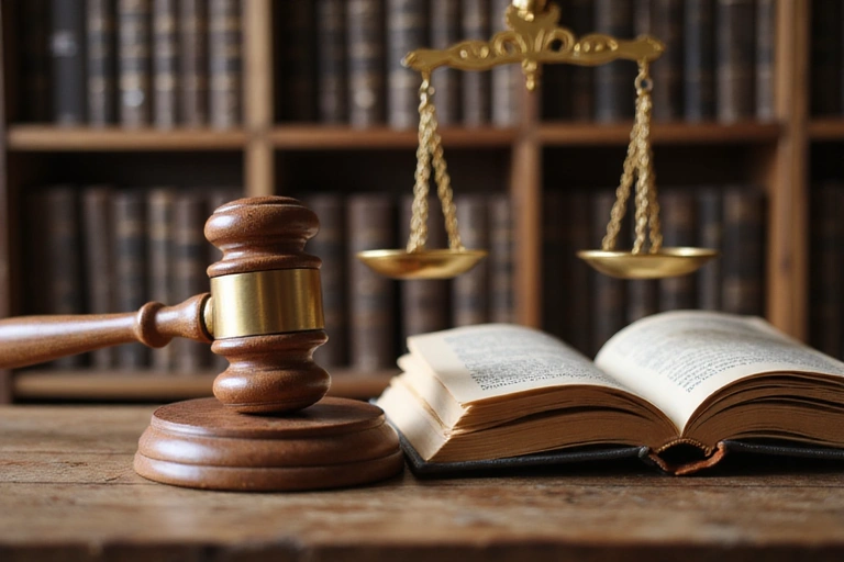 Un martillo y libros de leyes sobre una mesa de madera en una sala de justicia, simbolizando la justicia y el marco legal.