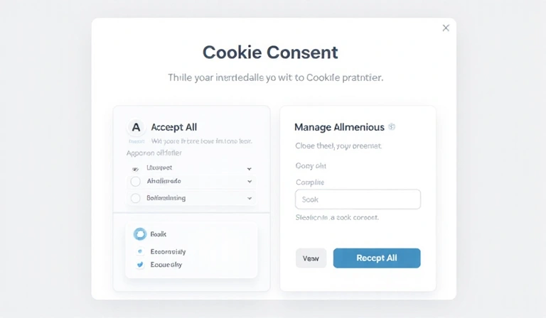 Ilustración de una interfaz de usuario de un banner de consentimiento de cookies con opciones para aceptar o rechazar diferentes categorías.