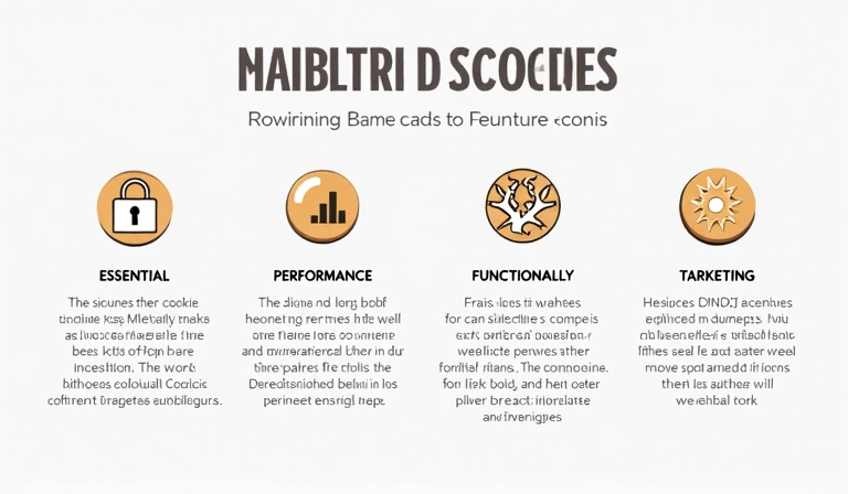 Representación visual de diferentes tipos de cookies, cada una con un icono que simboliza su función: un candado para esencial, un gráfico de barras para rendimiento, un engranaje para funcionalidad y un ojo para publicidad.