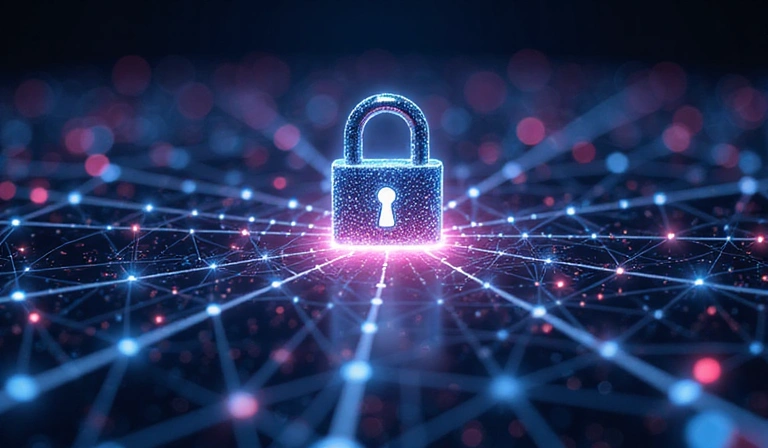 Cerradura digital y símbolos de seguridad en una red de datos.
