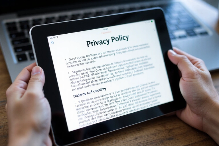 Tableta con política de privacidad y manos escribiendo