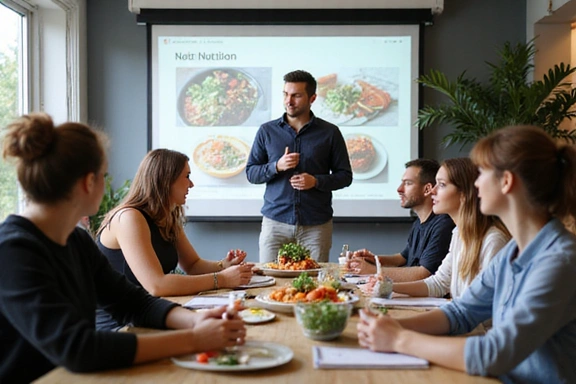 Grupo de personas participando activamente en un taller de nutrición, con un experto presentando diapositivas y ejemplos de alimentos.
