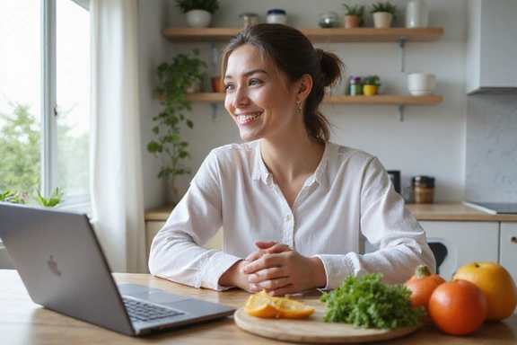 Mujer joven sonriendo mientras usa una laptop para una consulta nutricional online, con alimentos saludables en la mesa.