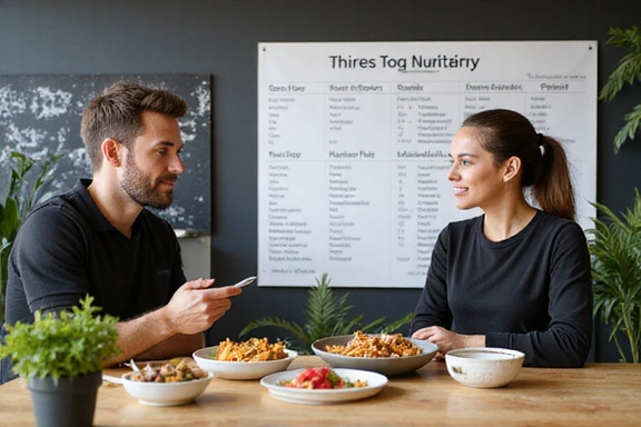 Una nutricionista explicando un plan de dieta a un deportista, con gráficos y alimentos saludables en la mesa.