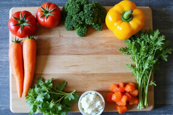 Variedad de ingredientes frescos y saludables dispuestos artísticamente sobre una tabla de cortar, simbolizando la personalización de planes de alimentación.