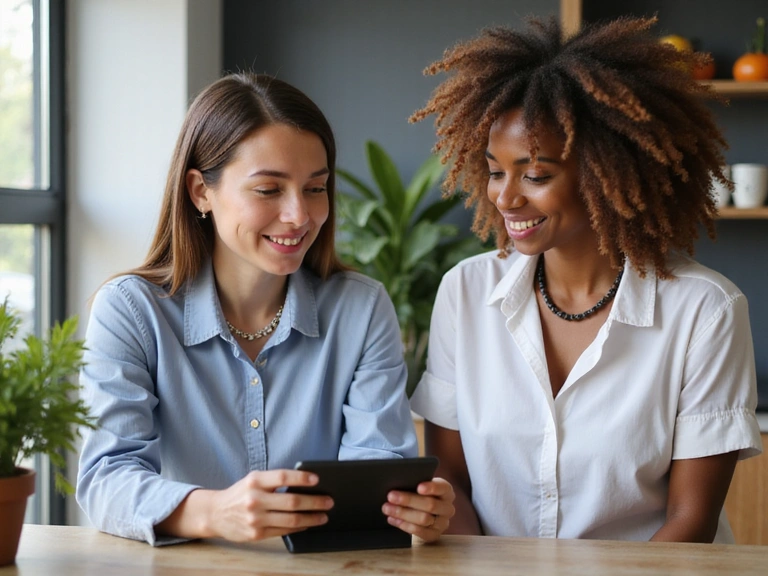 Nutricionista sonriente interactuando con un cliente en una consulta, mostrando un ambiente amigable y profesional.